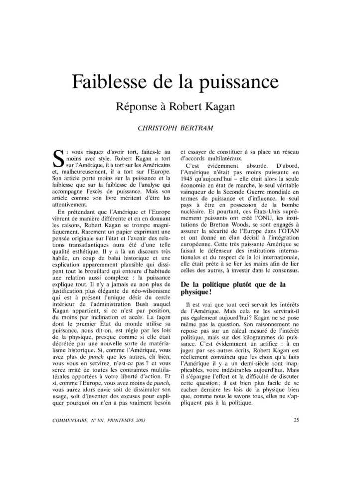 Faiblesse de la puissance. Réponse à Robert Kagan
 – page 1
