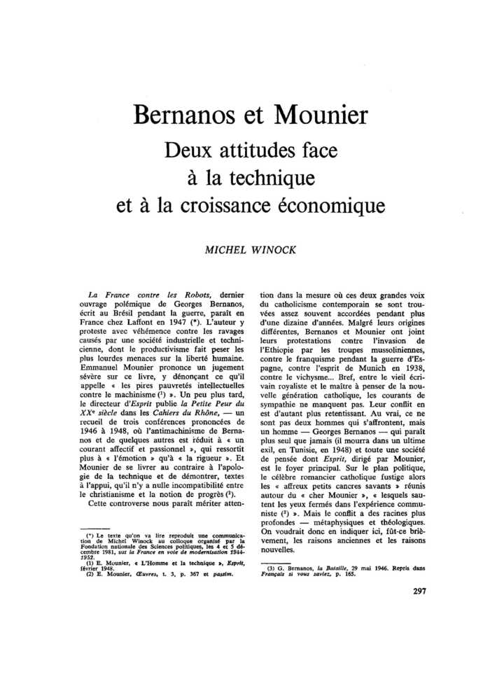 Bernanos et Mounier. Deux attitudes face à la technique et à la croissance économique
 – page 1