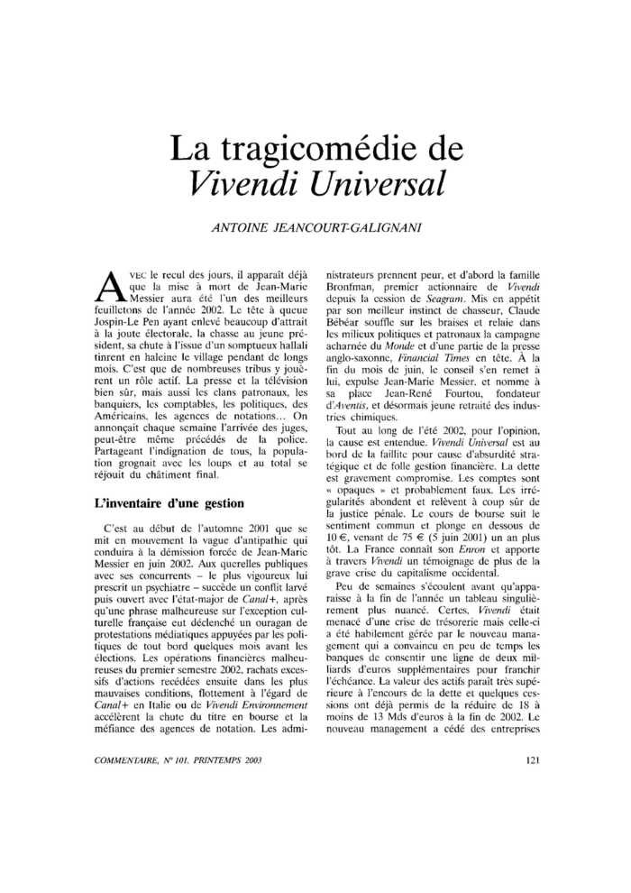 La tragicomédie de Vivendi Universal
 – page 1