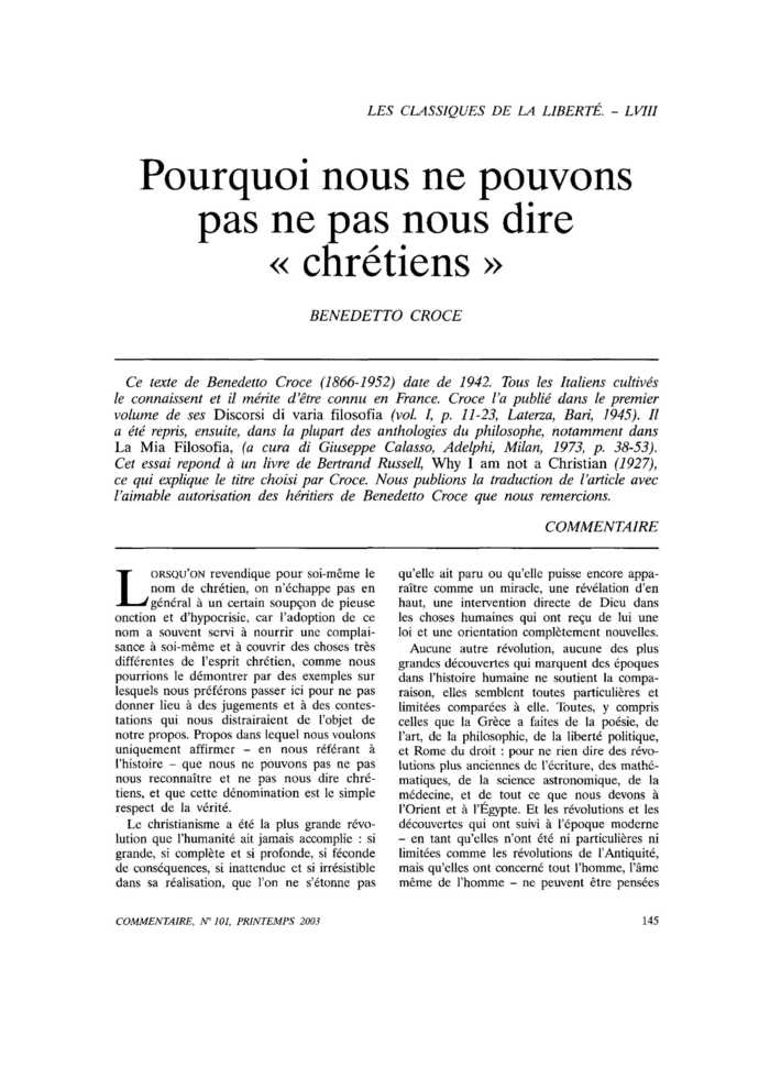 Pourquoi nous ne pouvons pas ne pas nous dire « chrétiens »
 – page 1