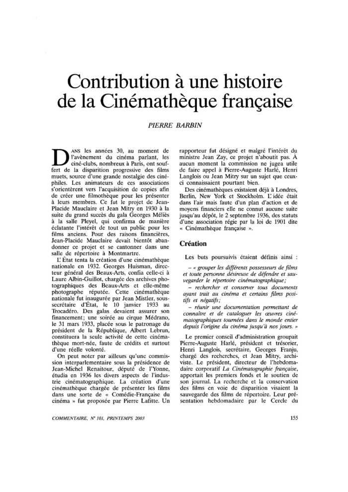 Contribution à une histoire de la Cinémathèque française
 – page 1