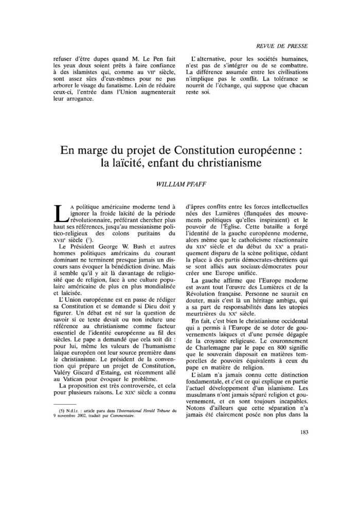 En marge du projet de Constitution européenne : la laïcité, enfant du christianisme
 – page 1