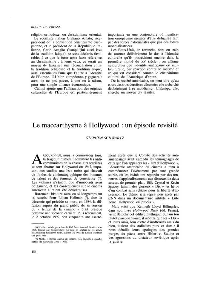 Le maccarthysme à Hollywood : un épisode revisité
 – page 1