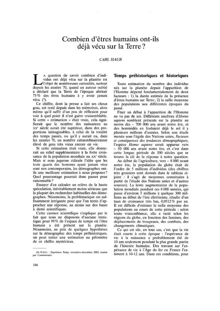 Combien d’êtres humains ont-ils déjà vécu sur la Terre ?
 – page 1