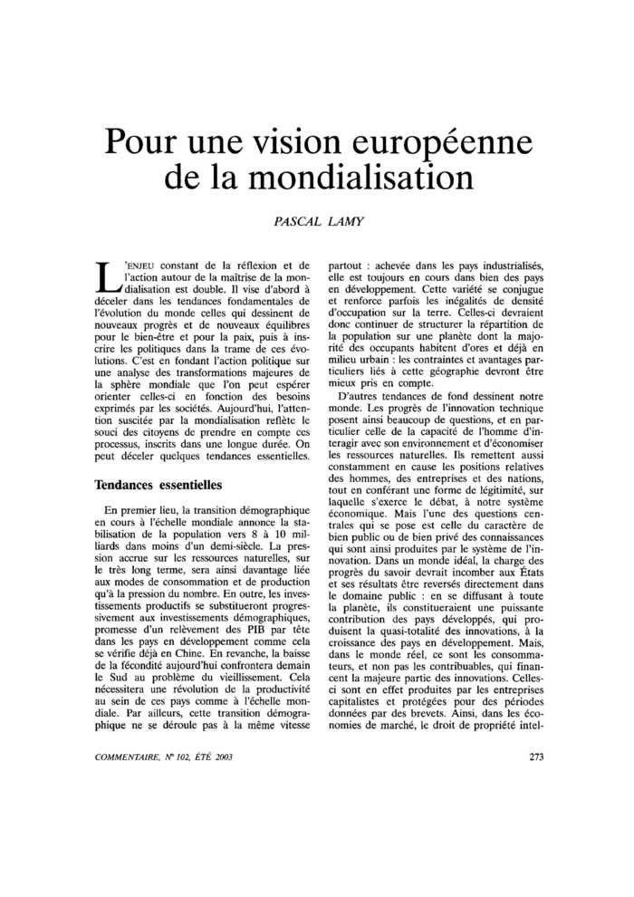 Pour une vision européenne de la mondialisation
 – page 1