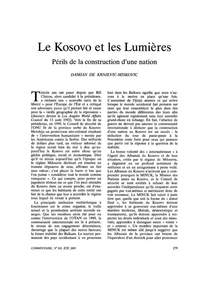 Le Kosovo et les Lumières. Périls de la construction d’une nation
 – page 1