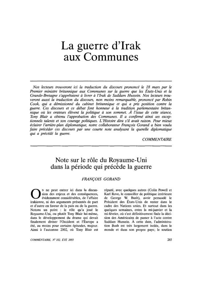 La guerre d’Irak aux Communes. Note sur le rôle du Royaume-Uni dans la période qui précède la guerre
 – page 1