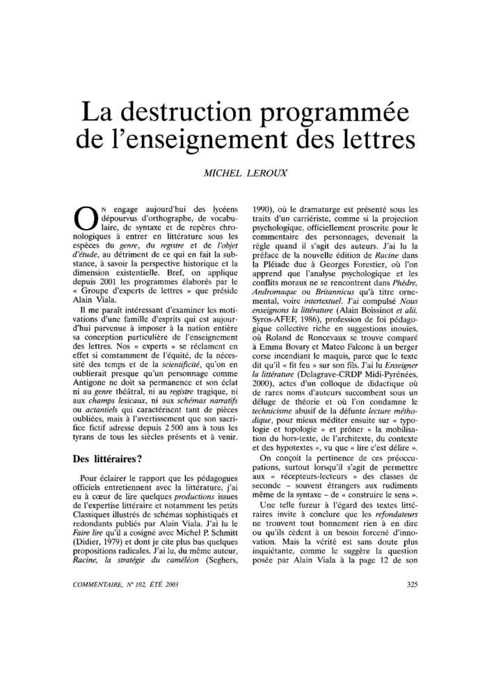 La destruction programmée de l’enseignement des lettres
 – page 1