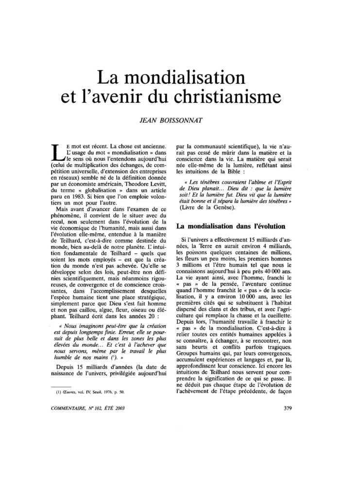 La mondialisation et l’avenir du christianisme
 – page 1