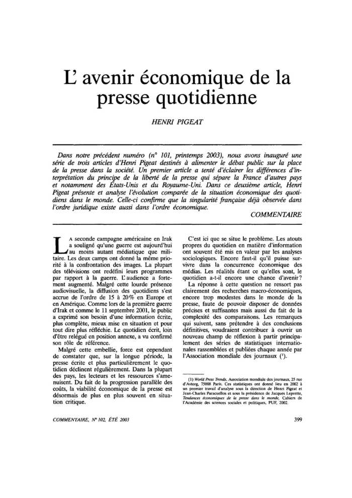 L’avenir économique de la presse quotidienne
 – page 1
