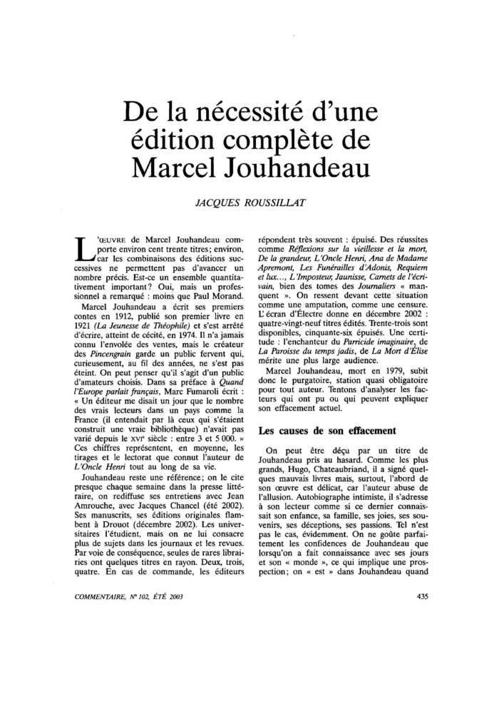 De la nécessité d’une édition complète de Marcel Jouhandeau
 – page 1