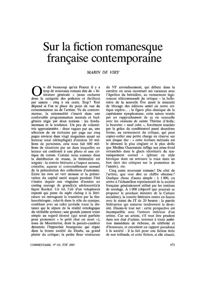 Sur la fiction romanesque française contemporaine
 – page 1