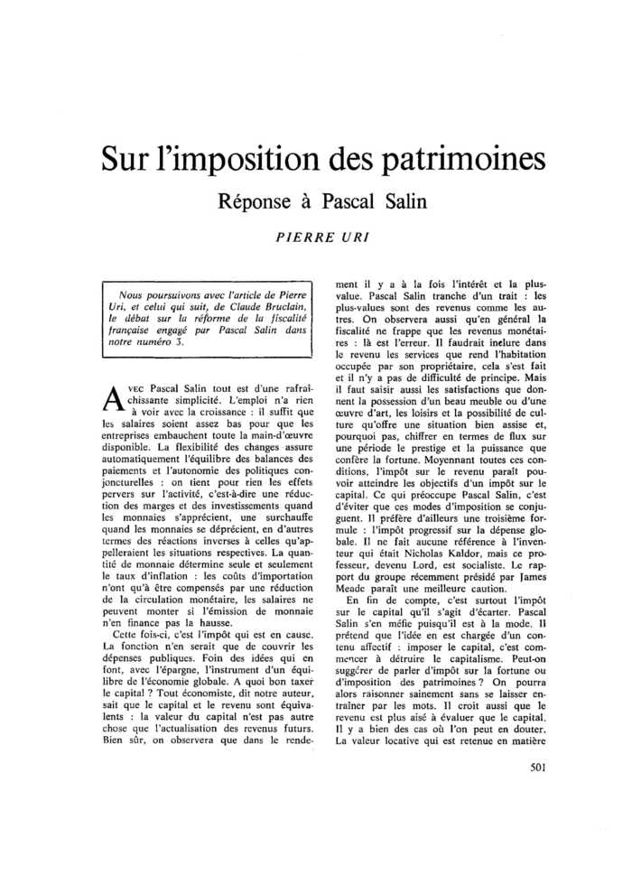 Sur l’imposition des patrimoines. Réponse à Pascal Salin
 – page 1