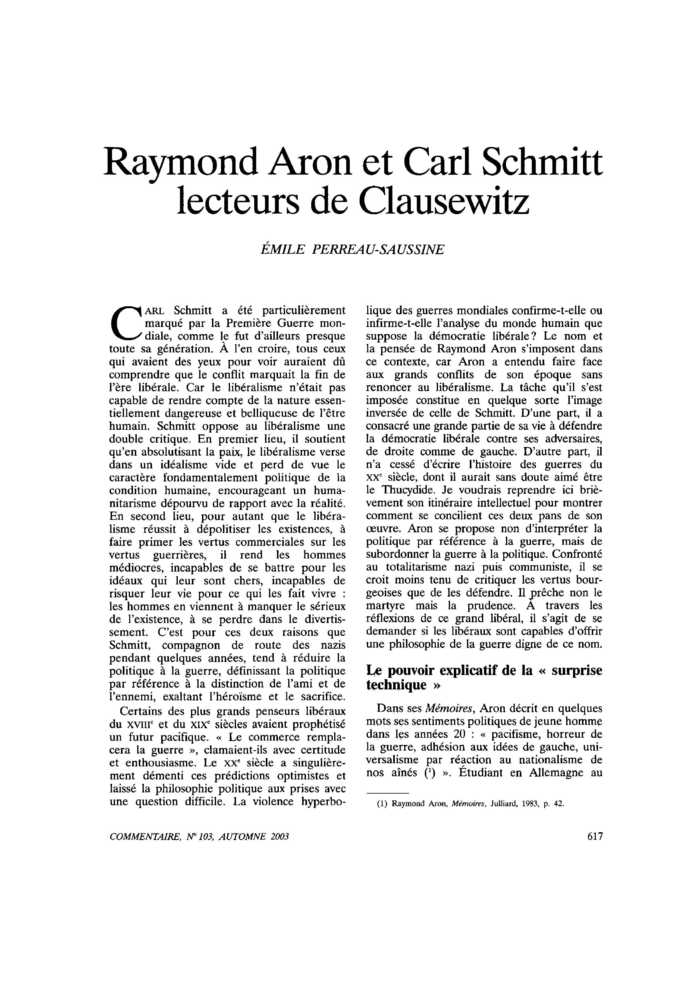 Raymond Aron et Carl Schmitt lecteurs de Clausewitz
 – page 1