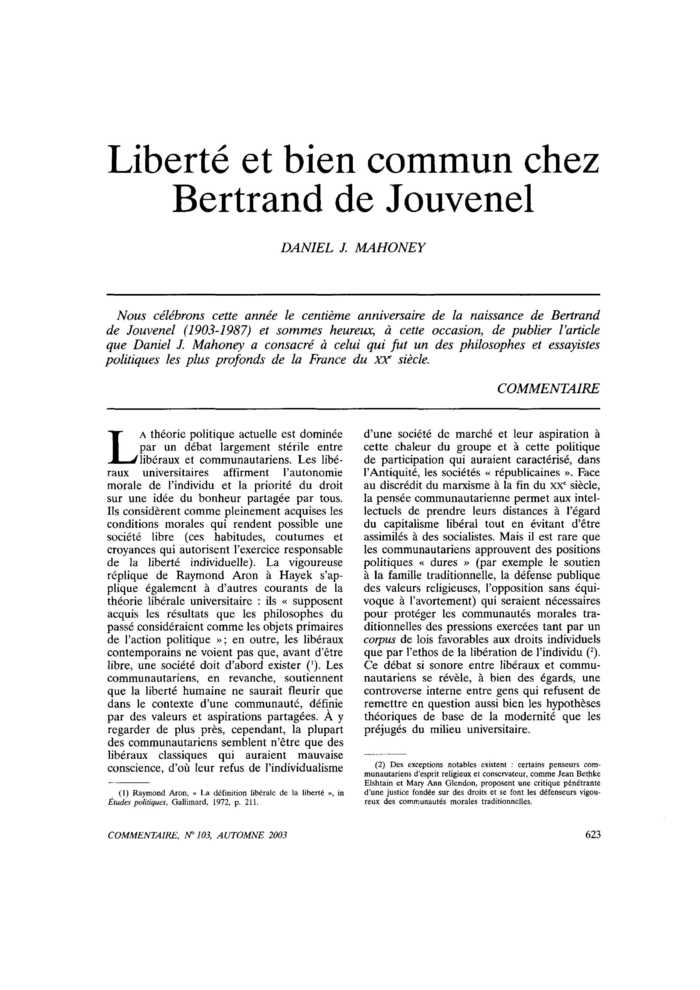 Liberté et bien commun chez Bertrand de Jouvenel
 – page 1
