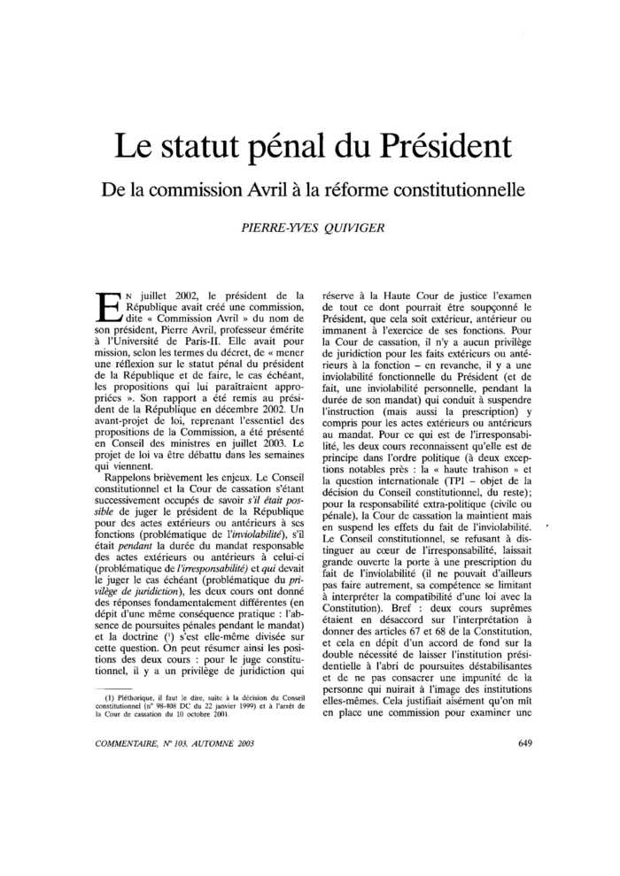 Le statut pénal du Président. De la commission Avril à la réforme constitutionnelle
 – page 1