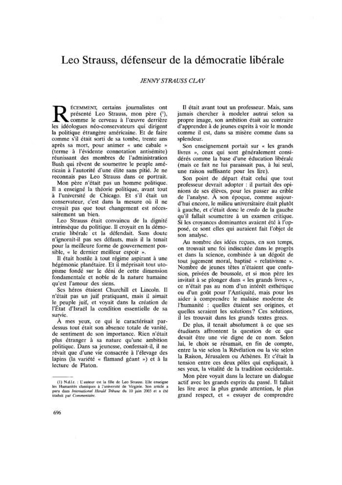 Léo Strauss, défenseur de la démocratie libérale
 – page 1