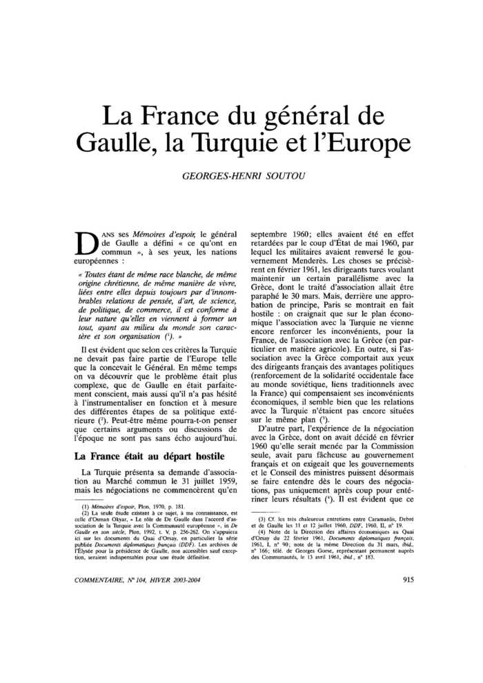 La France du général de Gaulle, la Turquie et l’Europe
 – page 1