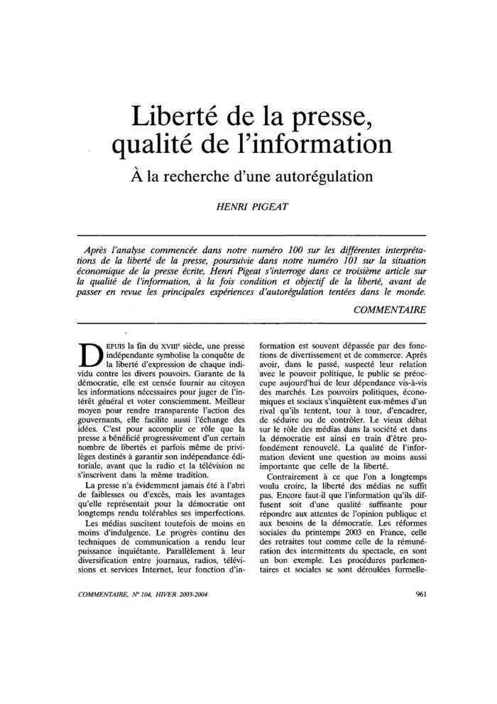 Liberté de la presse, qualité de l’information. À la recherche d’une autorégulation
 – page 1