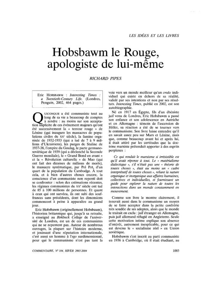 Hobsbawm le Rouge, apologiste de lui-même
 – page 1