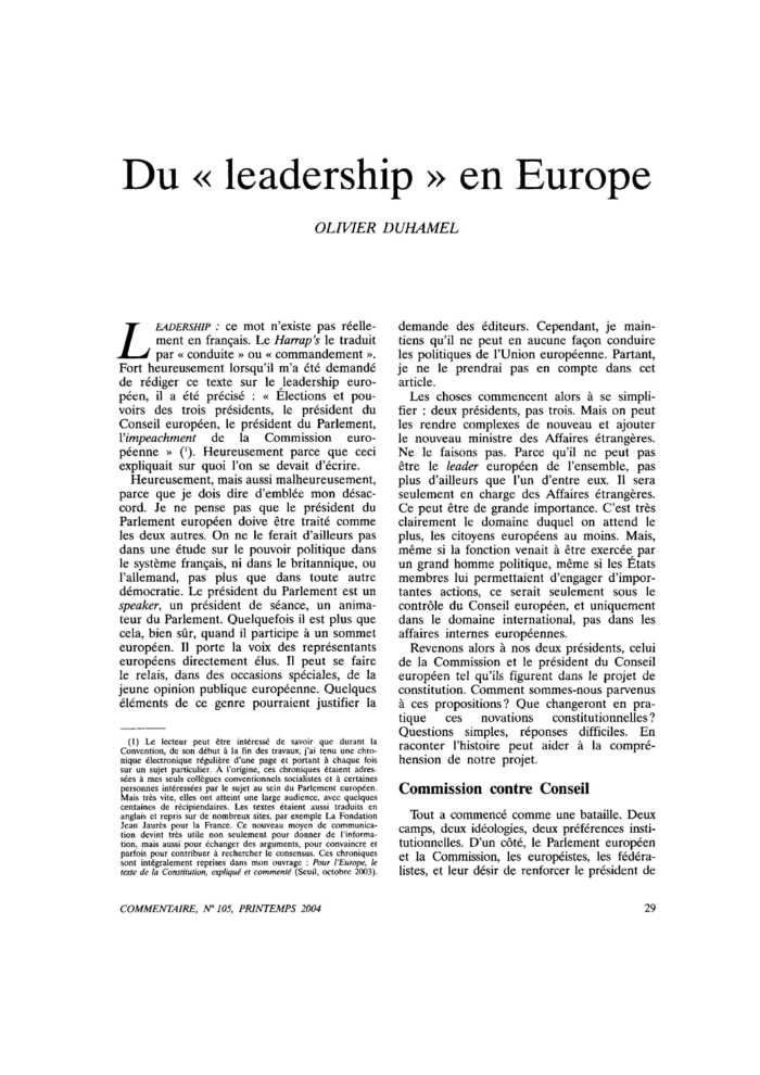 Du « leadership » en Europe
 – page 1