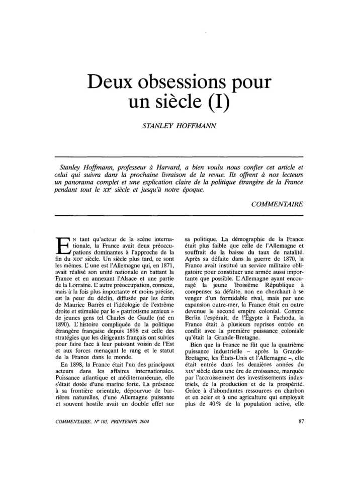 Deux obsessions pour un siècle (I)
 – page 1