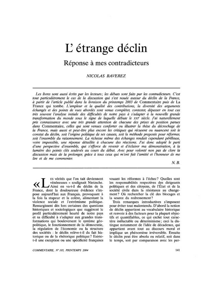 L’étrange déclin. Réponse à mes contradicteurs
 – page 1