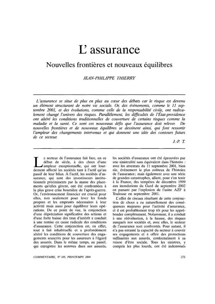 L’assurance. Nouvelles frontières et nouveaux équilibres
 – page 1