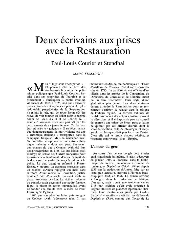 Deux écrivains aux prises avec la Restauration. Paul-Louis Courier et Stendhal
 – page 1