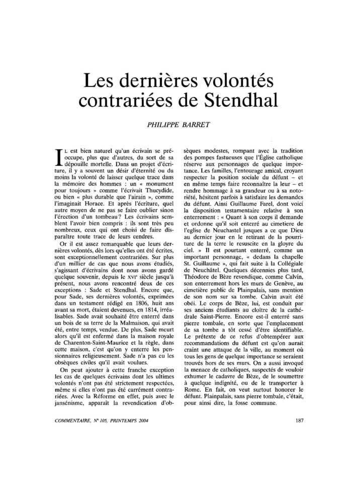 Les dernières volontés contrariées de Stendhal
 – page 1