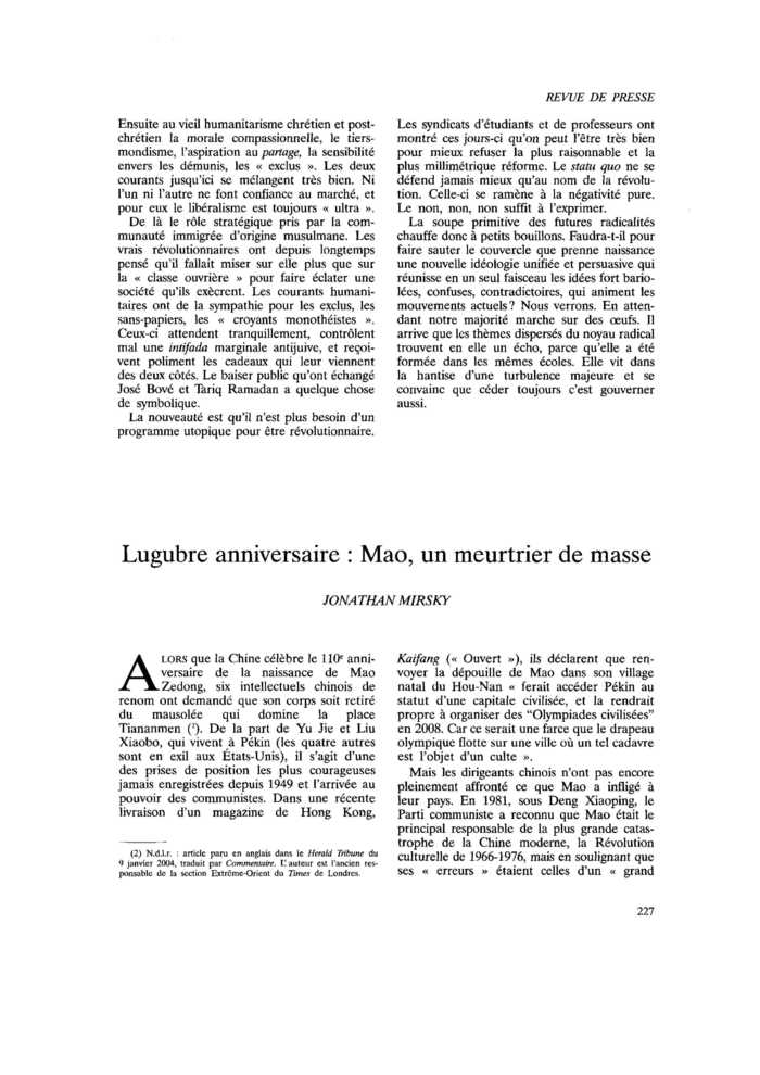 Lugubre anniversaire : Mao, un meurtrier de masse
 – page 1
