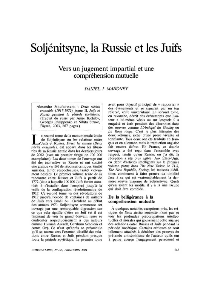 Soljénitsyne, la Russie et les Juifs. Vers un jugement impartial et une compréhension mutuelle
 – page 1