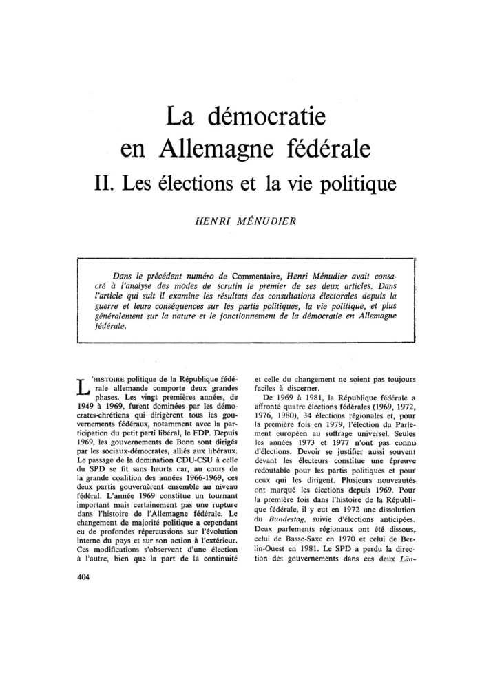 La démocratie en Allemagne fédérale. II. Les élections et la vie politique
 – page 1