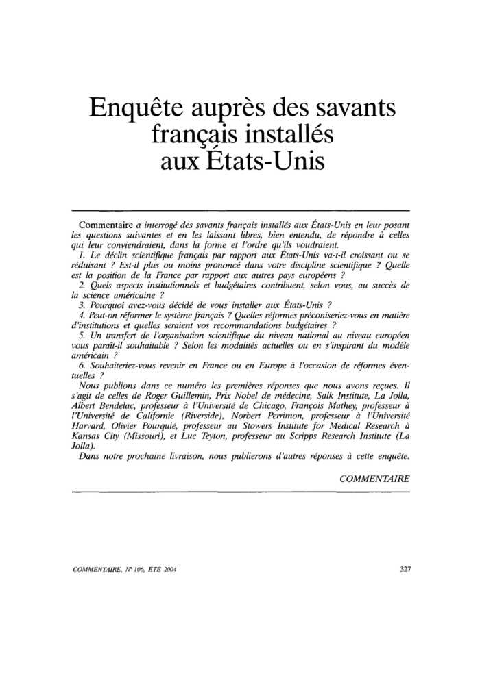 Enquête auprès des savants français installés aux États-Unis
 – page 1