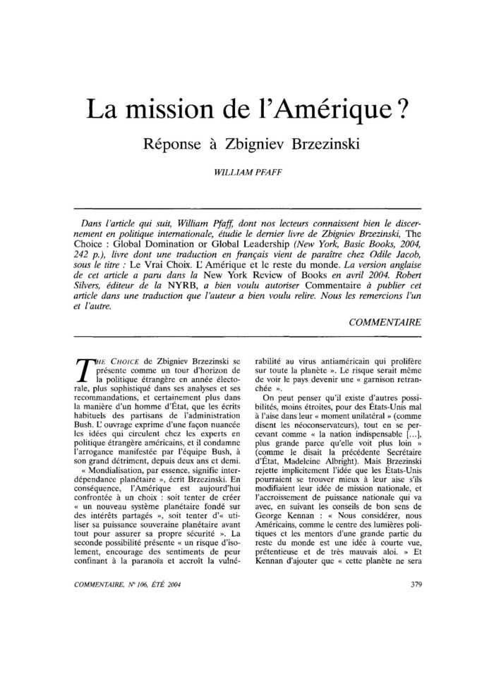La mission de l’Amérique ? Réponse à Zbigniev Brzezinski
 – page 1