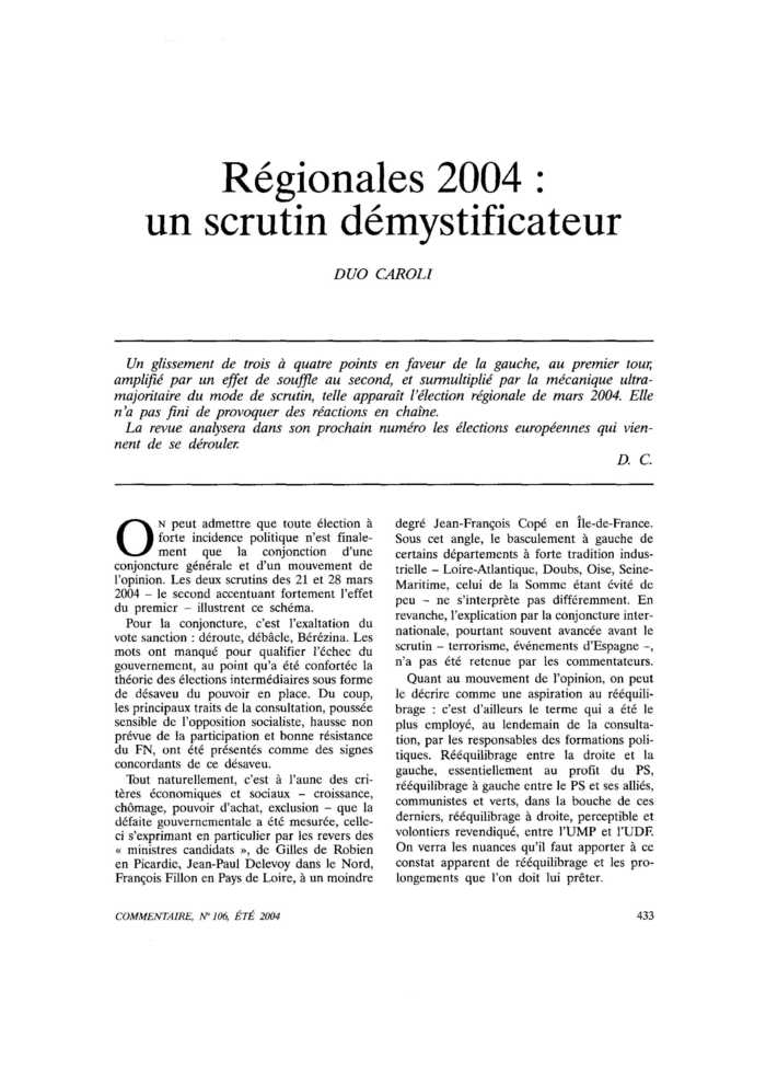 Régionales 2004 : un scrutin démystificateur
 – page 1