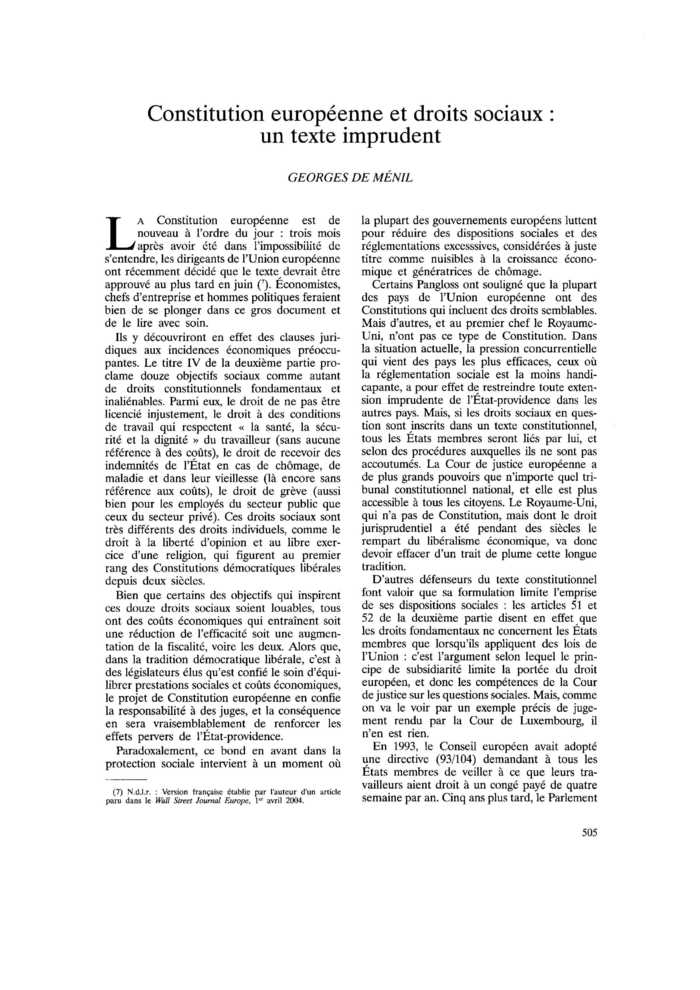 Constitution européenne et droits sociaux : un texte imprudent
 – page 1