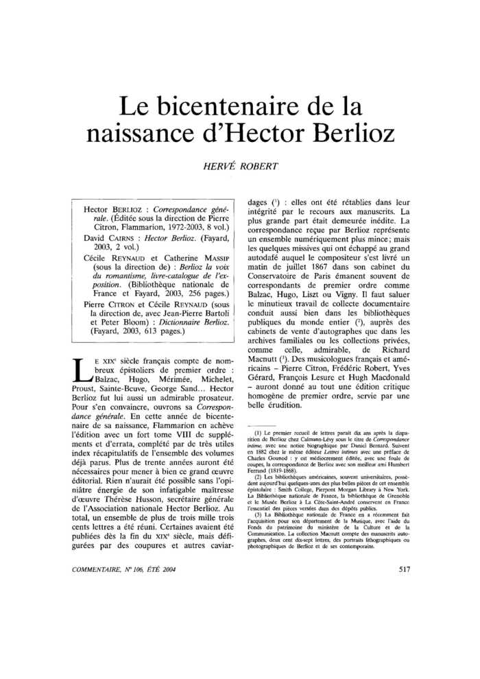 Le bicentenaire de la naissance d’Hector Berlioz
 – page 1