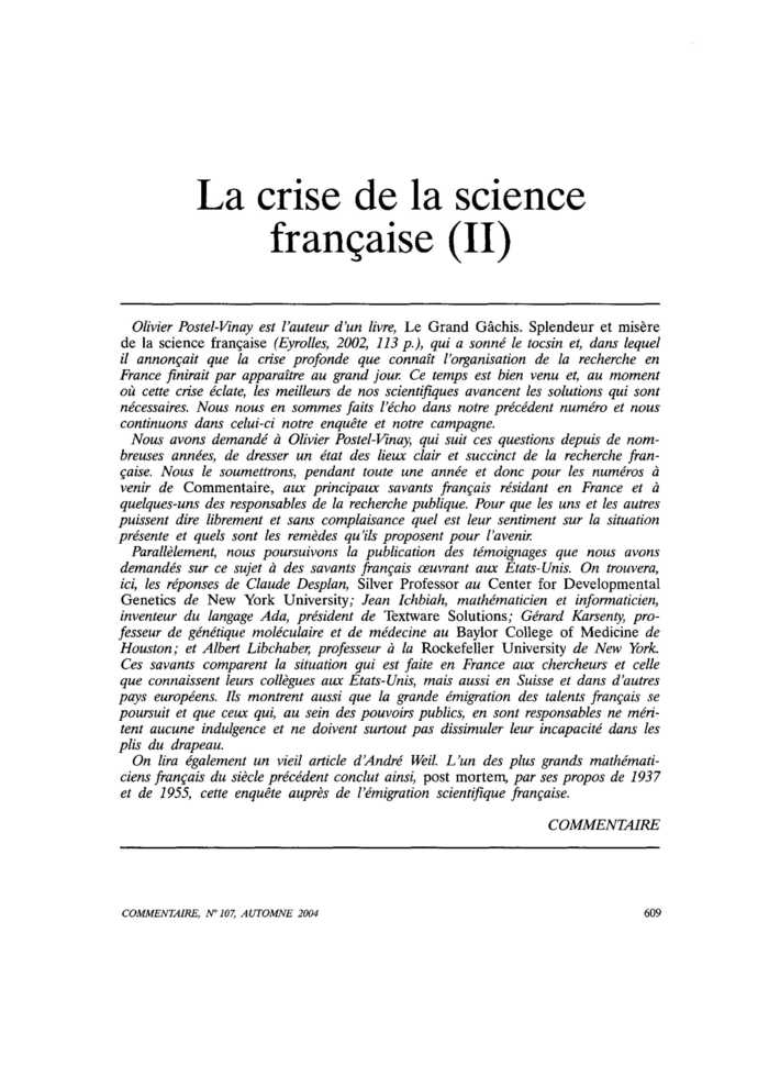 La crise de la science française (II)
 – page 1