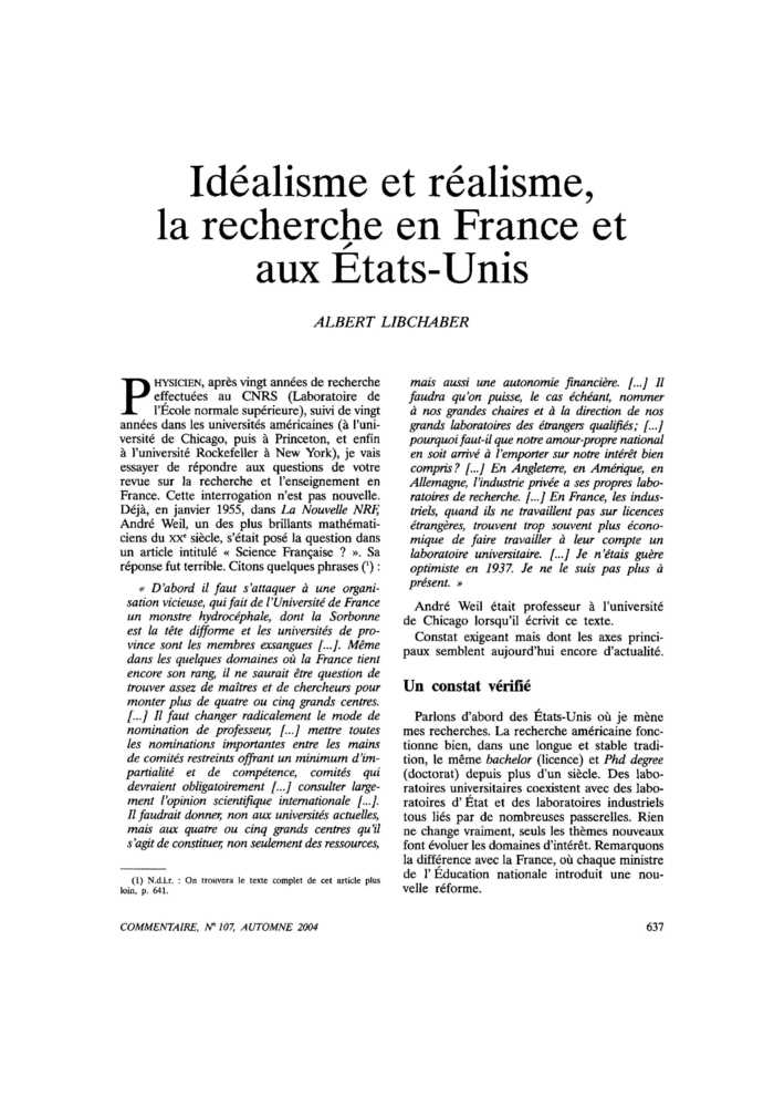 Idéalisme et réalisme, la recherche en France et aux États-Unis
 – page 1