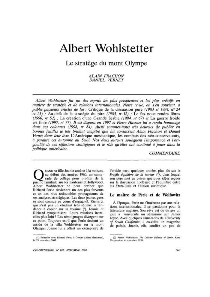 Albert Wohlstetter. Le stratège du mont Olympe
 – page 1