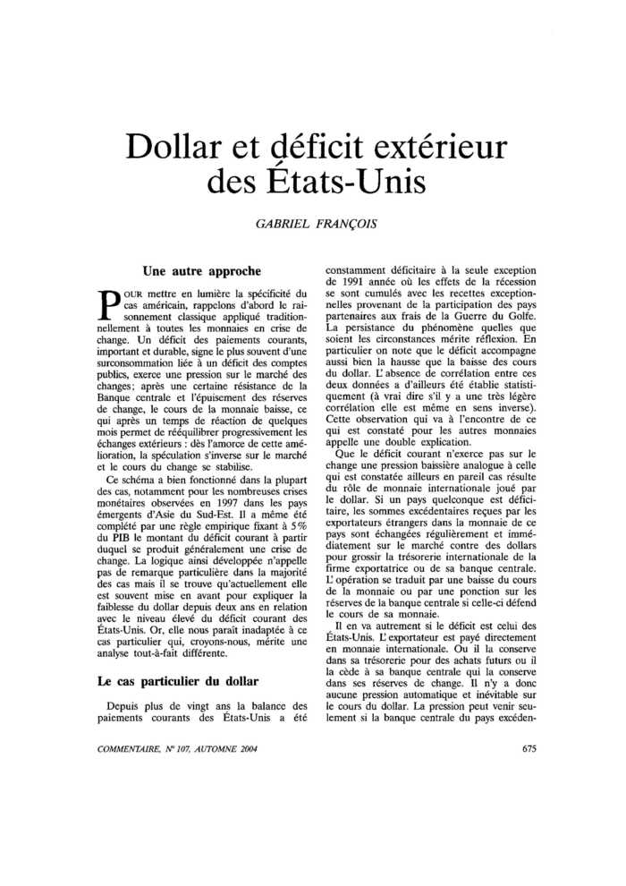 Dollar et déficit extérieur des États-Unis
 – page 1