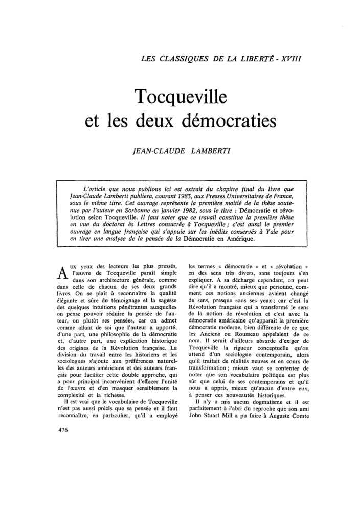 Tocqueville et les deux démocraties
 – page 1