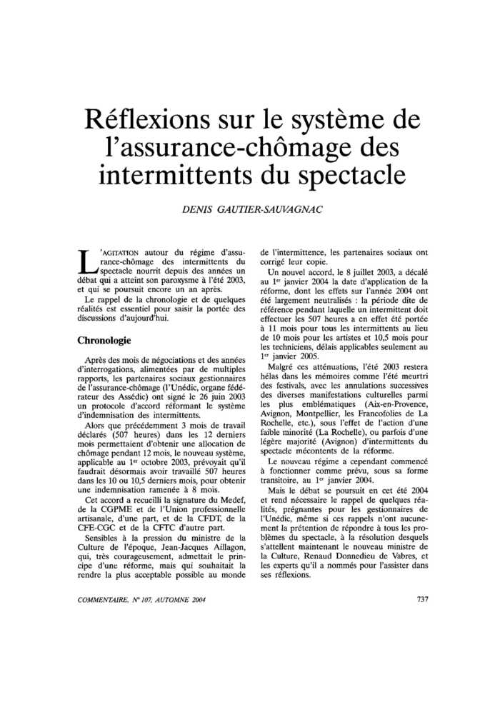 Réflexions sur le système de l’assurance-chômage des intermittents du spectacle
 – page 1