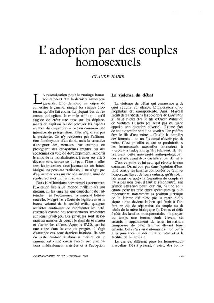 L’adoption par des couples homosexuels
 – page 1