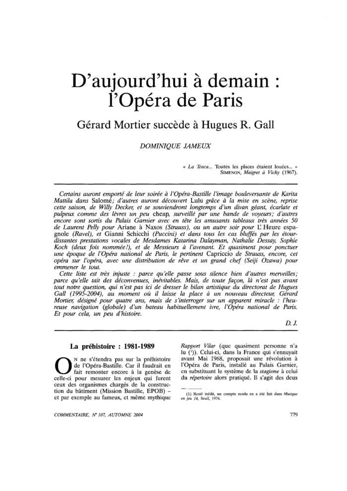 D’aujourd’hui à demain : l’Opéra de Paris. Gérard Mortier succède à Hugues R. Gall
 – page 1