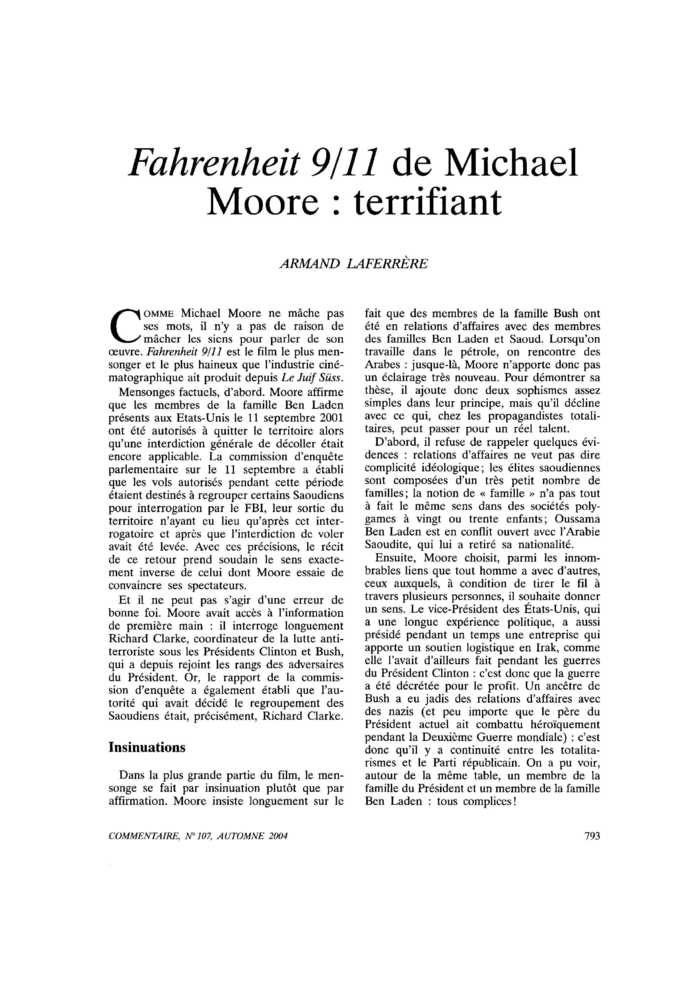 Fahrenheit 9/11 de Michael Moore : terrifiant
 – page 1