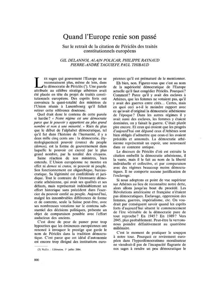 Quand l’Europe renie son passé. Sur le retrait de la citation de Périclès des traités constitutionnels européens
 – page 1