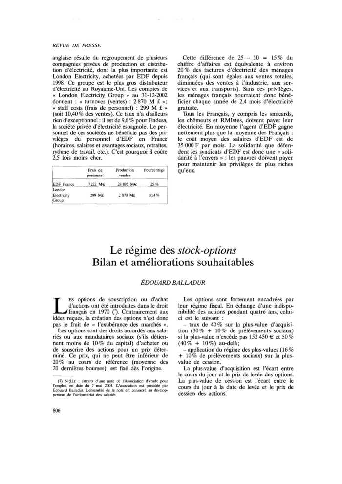 Le régime des stock-options. Bilan et améliorations souhaitables
 – page 1