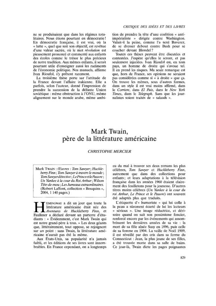 Mark Twain, père de la littérature américaine
 – page 1